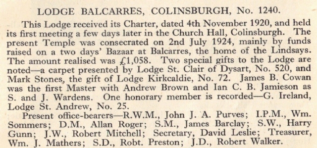 From Book of The Province of Fife and Kinross 1785 - 1945 by Bro. Alex Westwater 